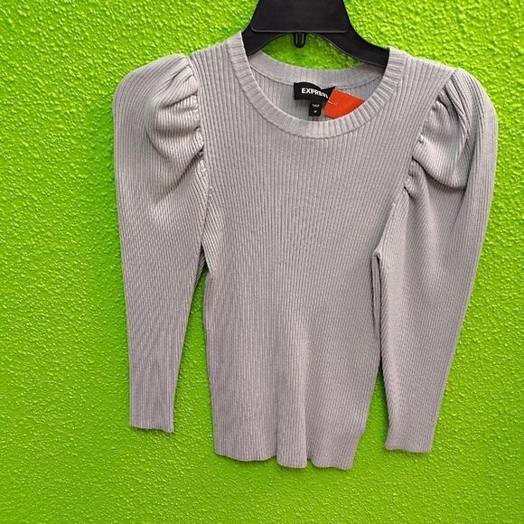Express Gray Ribbed Puff Sleeve Top - Picture 1 of 3